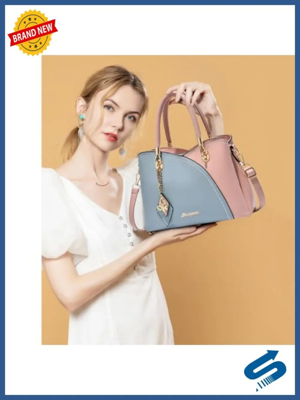Synthetic Leather Satchel Tote Bag with Gold Hardware, 6 Pockets